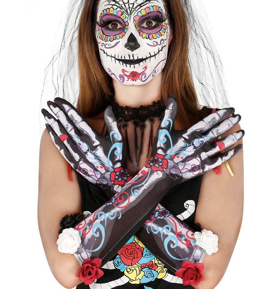 Guantes esqueleto con flores