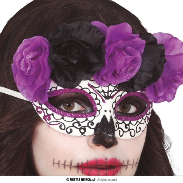 Antifaz Catrina con flores lilas y negras